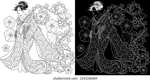 Coloring Pages. Coloring Book for children and adults. Kimono Girl with flowers. Antistress freehand sketch drawing with doodle and zentangle elements.
