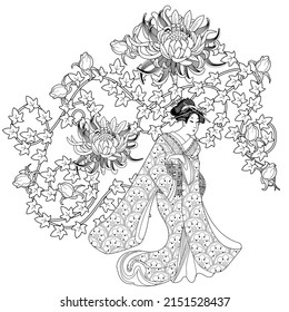 Coloring Pages. Coloring Book for children and adults. Kimono Girl with flowers. Antistress freehand sketch drawing with doodle and zentangle elements.
