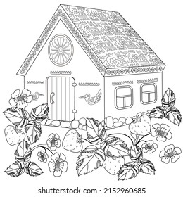 Coloring Pages. Coloring Book for children and adults. Colouring pictures with village house. Art therapy coloring page.
