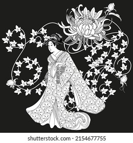 Coloring Pages. Coloring Book for children and adults. Kimono Girl with flowers. Antistress freehand sketch drawing with doodle and zentangle elements.