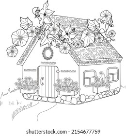 Coloring Pages. Coloring Book for children and adults. Colouring pictures with village house. Art therapy coloring page.
