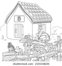 Coloring Pages. Coloring Book for children and adults. Colouring pictures with village house. Art therapy coloring page.
