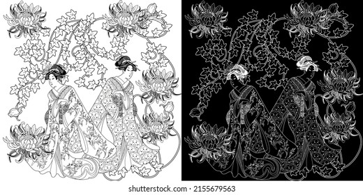Coloring Pages. Coloring Book for children and adults. Kimono Girl with flowers. Antistress freehand sketch drawing with doodle and zentangle elements.
