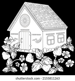 Coloring Pages. Coloring Book for children and adults. Colouring pictures with village house. Art therapy coloring page.
