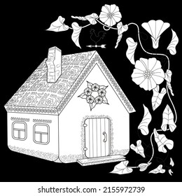 Coloring Pages. Coloring Book for children and adults. Colouring pictures with village house. Art therapy coloring page.
