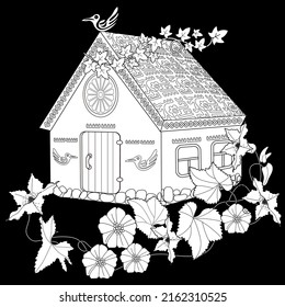 Coloring Pages. Coloring Book for children and adults. Colouring pictures with village house. Art therapy coloring page.
