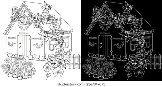 Coloring Pages. Coloring Book for children and adults. Colouring pictures with village house. Art therapy coloring page.
