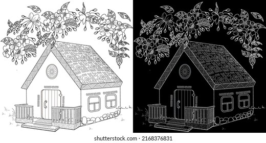 Coloring Pages. Coloring Book for children and adults. Colouring pictures with village house. Art therapy coloring page.
