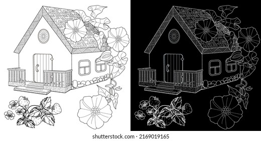 Coloring Pages. Coloring Book for children and adults. Colouring pictures with village house. Art therapy coloring page.
