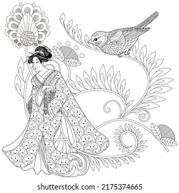 Coloring Pages. Coloring Book for children and adults. Kimono Girl with flowers. Antistress freehand sketch drawing with doodle and zentangle elements.