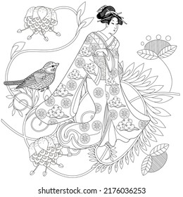 Coloring Pages. Coloring Book for children and adults. Kimono Girl with flowers. Antistress freehand sketch drawing with doodle and zentangle elements.