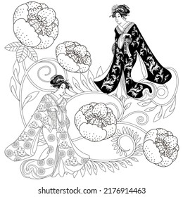 Coloring Pages. Coloring Book for children and adults. Kimono Girl with flowers. Antistress freehand sketch drawing with doodle and zentangle elements.