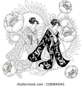 Coloring Pages. Coloring Book for children and adults. Kimono Girl with flowers. Antistress freehand sketch drawing with doodle and zentangle elements.