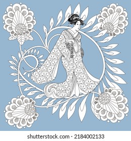 Coloring Pages. Coloring Book for children and adults. Kimono Girl with flowers. Antistress freehand sketch drawing with doodle and zentangle elements.
