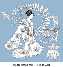 Coloring Pages. Coloring Book for children and adults. Kimono Girl with flowers. Antistress freehand sketch drawing with doodle and zentangle elements.
