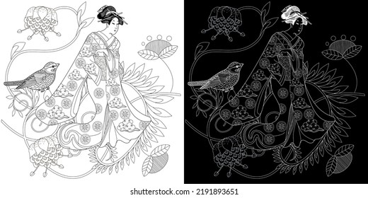 Coloring Pages. Coloring Book for children and adults. Kimono Girl with flowers. Antistress freehand sketch drawing with doodle and zentangle elements.
