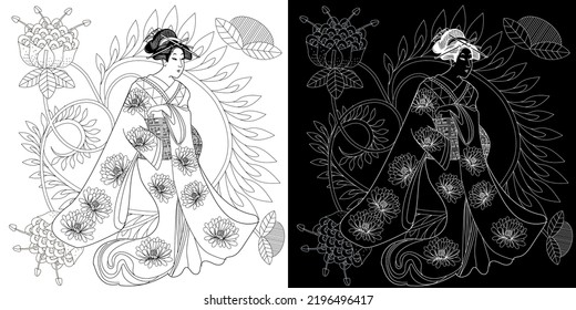 Coloring Pages. Coloring Book for children and adults. Kimono Girl with flowers. Antistress freehand sketch drawing with doodle and zentangle elements.
