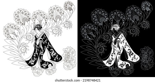 Coloring Pages. Coloring Book for children and adults. Kimono Girl with flowers. Antistress freehand sketch drawing with doodle and zentangle elements.
