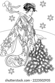 Coloring Pages. Coloring Book for children and adults. Kimono Girl with flowers. Antistress freehand sketch drawing with doodle and zentangle elements.