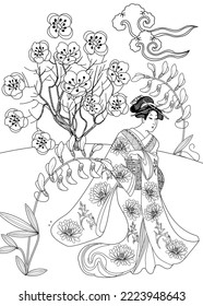 Coloring Pages. Coloring Book for children and adults. Kimono Girl with flowers. Antistress freehand sketch drawing with doodle and zentangle elements.