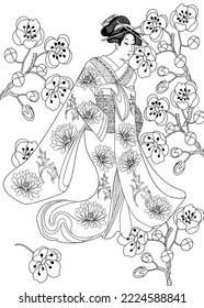Coloring Pages. Coloring Book for children and adults. Kimono Girl with flowers. Antistress freehand sketch drawing with doodle and zentangle elements.