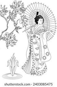 Coloring Pages. Coloring Book for children and adults. Kimono Girl with flowers. Antistress freehand sketch drawing with doodle and zentangle elements.
