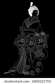 Coloring Pages. Coloring Book for children and adults. Kimono Girl with flowers. Antistress freehand sketch drawing with doodle and zentangle elements.
