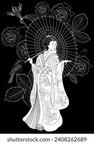 Coloring Pages. Coloring Book for children and adults. Kimono Girl with flowers. Antistress freehand sketch 