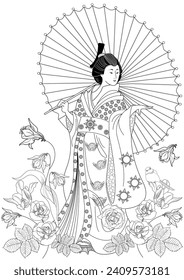 Coloring Pages. Coloring Book for children and adults. Kimono Girl with flowers. Antistress freehand sketch drawing with doodle and zentangle elements.
