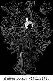 Coloring Pages. Coloring Book for children and adults. Kimono Girl with flowers. Antistress freehand sketch drawing with doodle and zentangle elements