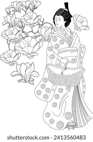 Coloring Pages. Coloring Book for children and adults. Kimono Girl with flowers. Antistress freehand sketch drawing with doodle and zentangle elements
