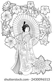 Coloring Pages. Coloring Book for children and adults. Kimono Girl with flowers. Antistress freehand sketch drawing with doodle and zentangle elements.