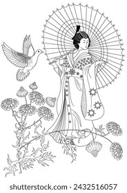 Coloring Pages. Coloring Book for children and adults. Kimono Girl with flowers. Antistress freehand sketch drawing with doodle and zentangle elements.
