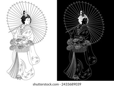 Coloring Pages. Coloring Book for children and adults. Kimono Girl with flowers. Antistress freehand sketch drawing with doodle and zentangle elements.
