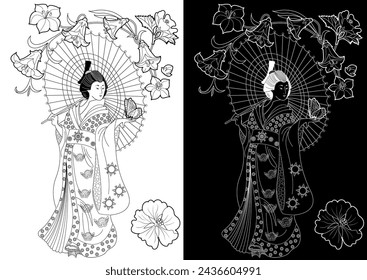Coloring Pages. Coloring Book for children and adults. Kimono Girl with flowers. Antistress freehand sketch drawing with doodle and zentangle elements.
