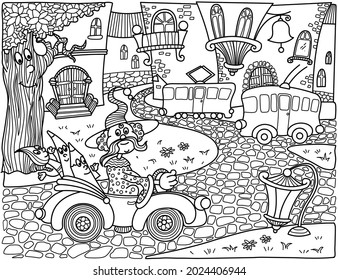 Coloring Pages. Coloring Book for children. A fairy-tale city and a magician driving a car.  Black and white anti-stress coloring. Vector illustration for art therapy. 