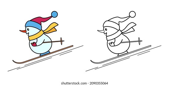 Coloring Pages. Coloring book funny snowman skiing. Cute snowman is skiing from the mountain. Concept of winter sports, winter Olympics, Merry Christmas and happy New Year. Isolated. Vector