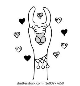 Coloring Pages. Coloring Book for kids. Colouring pictures with cute lama and hearts. Vector animals illustration. Adorable character for card, kindergarten.Template design for Valentine's day, party.