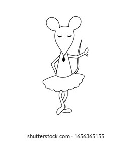 Coloring Pages. Coloring Book for kids with mouse ballerina. Outline animal vector illustration. Adorable character for cards, wallpaper, textile, fabric, kindergarten. 