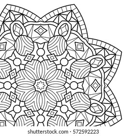Coloring pages book. Mandala. Indian antistress medallion. Abstract islamic flower, arabic henna design, yoga symbol. White background, black outline. Vector illustration