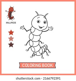 colorear páginas o libros para niños. ilustración de tira cómica de milipede lindo