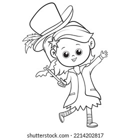 coloring pages or books for kids. cute little kid wears witch costume. halloween celebrate