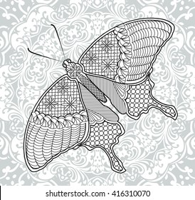Coloring pages butterfly on the background of the mandala for adults and children. Illustration in the style of zentangle. Vector. Can be used to design t-shirts, bags, postcards and a poster. 
