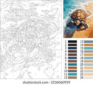 colorear páginas por número para adultos, Niveles intermedios, pintar por número de tortuga
