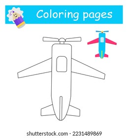Coloriendo páginas. Vector de avión de dibujos animados. Ilustración para la educación de los niños. Diseño de estilo plano.