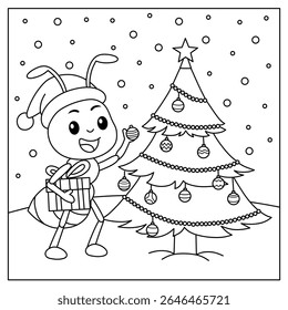 colorir páginas desenhos animados formigas decorando árvore de natal.ilustração de livro de coloração sobre tema de celebração de natal
