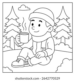 coloring pages cartoon boy enjoying a warm drink in nature