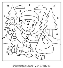 coloring pages of cartoon boys cleaning up trash from camping. Illustration of a coloring book about educating about maintaining environmental cleanliness