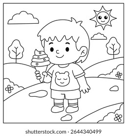 coloring pages of cartoon boys enjoying ice cream on a sunny day with beautiful scenery.for children's coloring book