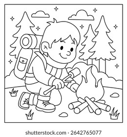coloring pages of cartoon boys roasting marshmallows on a campfire while camping. Illustration for children's coloring book